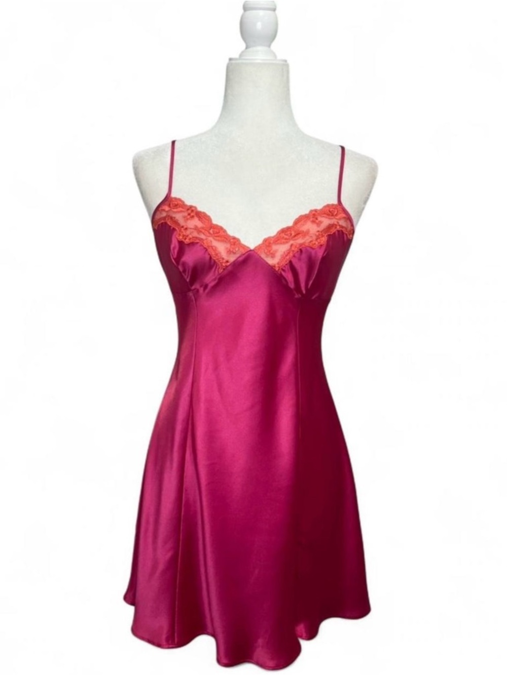 Victorias Secret Silky Pink Orange Lace Mini Slip Dress - Women's Intimates